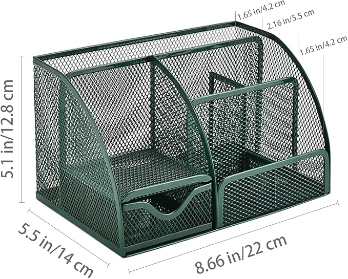 VANRA Office Supply Caddy Metal Mesh Desktop Supplies Organizer School Supply Holder Stuff Storage Organizer 6 Compartments with Drawer (Olive Green)