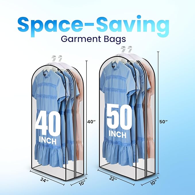 Clear Garment Bags for Clothes Storage - 4-Pack Plastic Hanging Covers and Clothing Protectors, Long Dress Suit Jacket Closet Cover Dust Proof Garment Bag Set for Organized Wardrobe Storage (40")