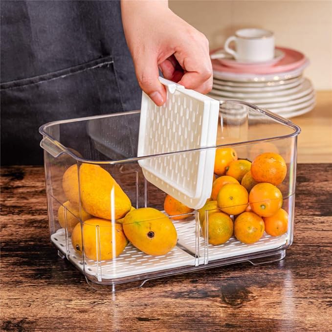 Slideep 9'' Food Storage Containers, 2 Tier Stackable Fridge Produce Saver with Lids, Removable Drain Tray Drawers Refrigerator Produce Keeper with Strainer for Veggie, Berry, Fruits, Vegetables