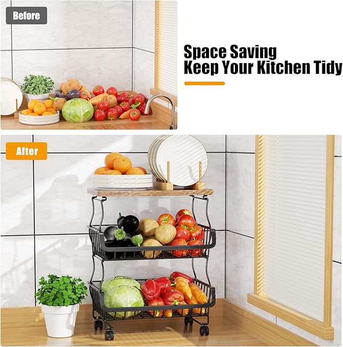 Gsiekare Fruit Vegetable Basket for Kitchen, 4 Tier Stackable Fruit Vegetable Storage Baskets with Wheels, Metal Wire Storage Basket Organizer Baskets for Kitchen, Pantry, Bathroom