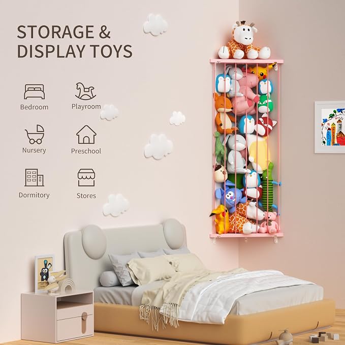 Stuffed Animal Storage Shelf Organizer(Patented) - Corner Stuffed Animal Holder Length Adjustable - Wall Plush Storage for Nursery Playroom Bedroom Kids Room (Pink, Standard)