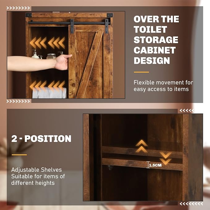Over Toilet Storage Cabinet with Barn Door & Adjustable Shelves | 24 Inch Wide Bathroom Organizer, Space-Saving, Sturdy Wood, Anti-Tipping, Easy Assembly, for Restroom, Laundry, Small Spaces