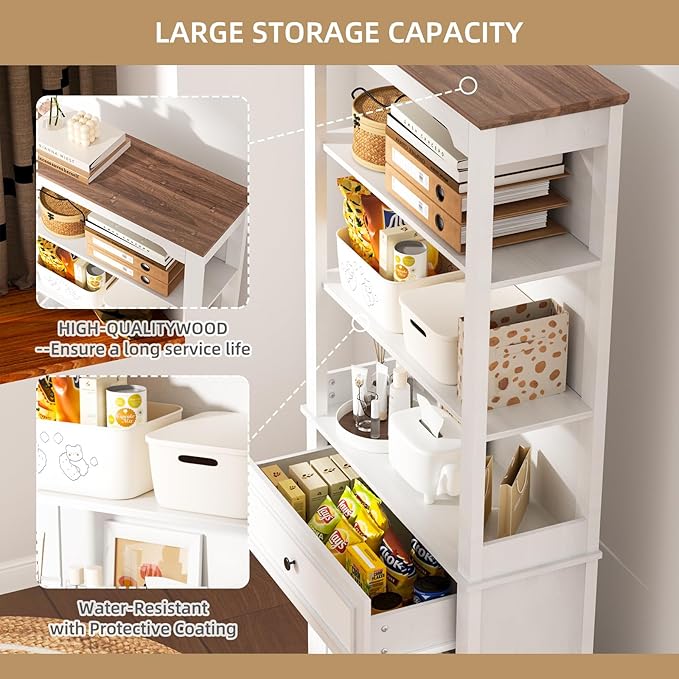 Bookcase 4-Tier Bookshelf with 3 Drawers, Pantry Storage Cabinets, 68'' Freestanding Tall Bathroom Cabinet, Sideboard Microwave Space Cupboard Organizer for Home Office, Retro White