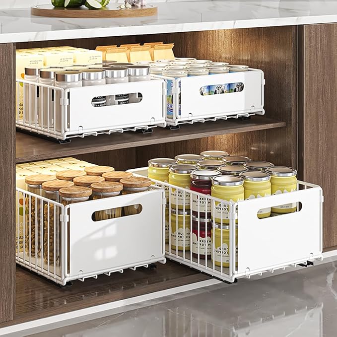 YunNasi Pull Out Cabinet Organizer Slide Out Drawer Storage Shelves Cupboard Organiser Sliding Cabinet Basket for Kitchen No Drilling and Nailing (White, 2Piece 9.8" W X 15" D X 3.9" H)