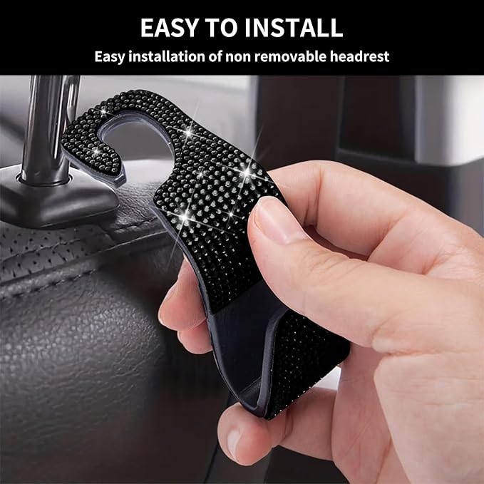 4PCS Bling Car Seat Headrest Hooks, Vehicle Back Seat Purse Handbag Hanging Holder with Crystal Rhinestone, Diamond Storage Organizer Hook,Bling Car Accessories for Women (Black)