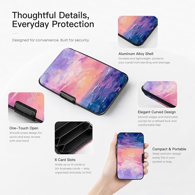 Credit Card Holder RFID Aluminum card case sunset mini Wallet Women Men | ABS Business ID Case,Hard Case Large Capacity 6 Slots, Waterproof Durable ，Secure Closure Slim Small Credit Card Protector
