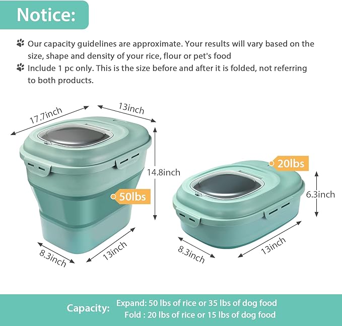 Rice Storage Container, Foldable Airtight Cereal Food Storage Containers 20 to 50 Lbs with Measuring Cup & Wheels, Dry Food Flour Sugar Storage Container Large Kitchen Pantry Holder, Green