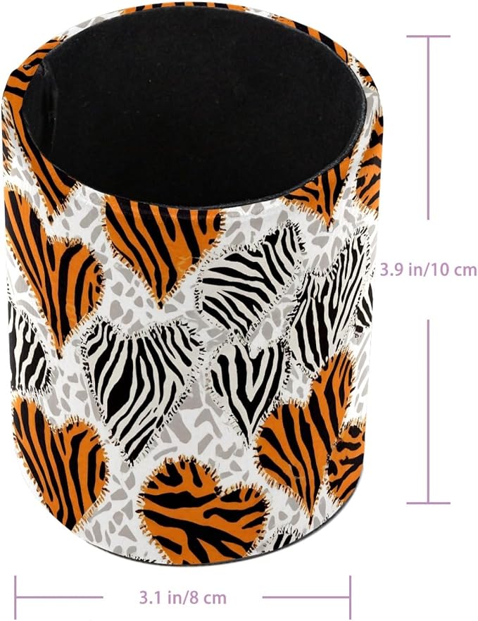 Leather Pen Holder for Desk, Tiger Zebra Print Pencil Cup Pen Organizer Makeup Brush Holder for Office Home Kids Countertop Desk Accessory Storage