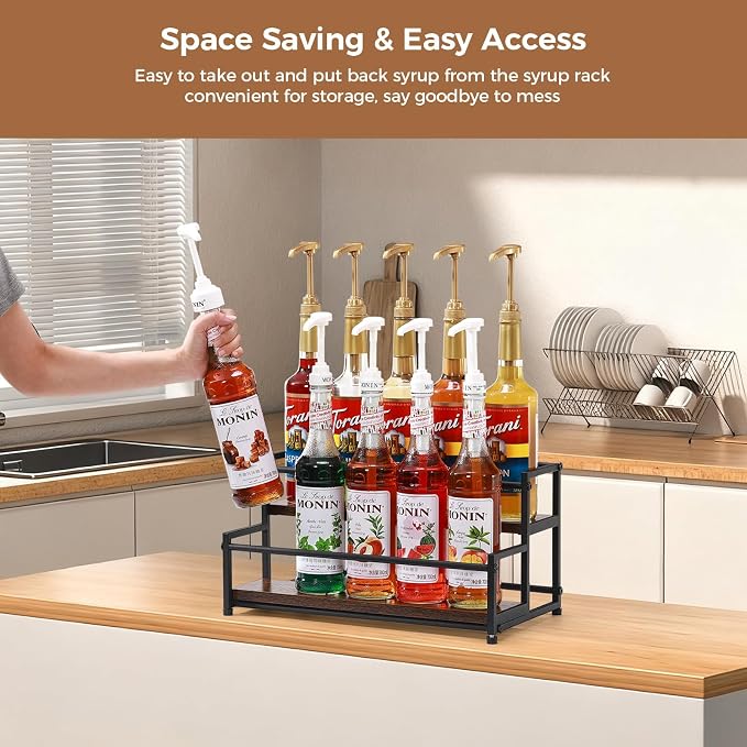 Coffee Syrup Rack Organizer, 2 Tier 10 Bottles Holder Stand for Bar | Coffee Syrup Liquor Bottle Display Shelf Bar Shelf Stand Countertop Rack for Syrup, Wine, Spice