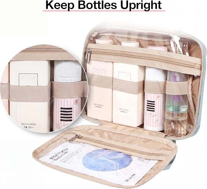 BAGSMART Toiletry Bag Hanging Travel Makeup Organizer with TSA Approved Transparent Cosmetic Bag Makeup Bag for Full Sized Toiletries, Large-Light Blue
