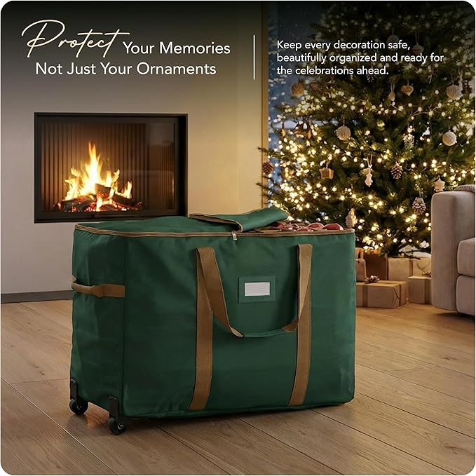 Covermates Keepsakes Rolling Adjustable Ornament Storage Bag – Heavy-Duty Polyester, FlexGrid Trays & Padded Dividers – Protective Holiday Organizer with Wheels, Handles & ID Window, Green