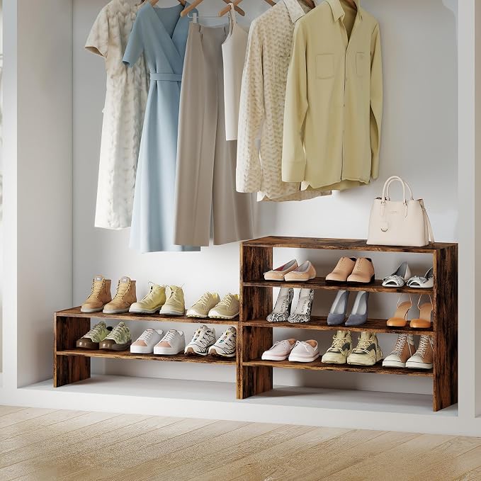 COSTWAY 6-Tier Shoe Rack, Extra Wide Shoe Shelf Organizer with Stackable Design, 31" Freestanding Adjustable Storage Shoe Stand for Small Space Entryway Hallway Closet (2,Rustic Brown)