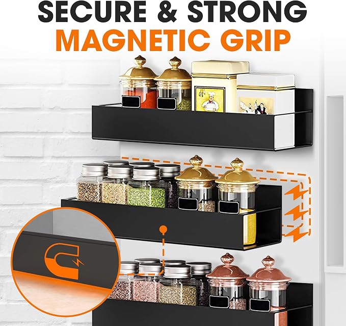Cheer Collection Magnetic Spice Rack for Refrigerator Set of 4 Heavy Duty Metal Shelves, Corrosion-Proof Fridge Organizer for Kitchen Storage