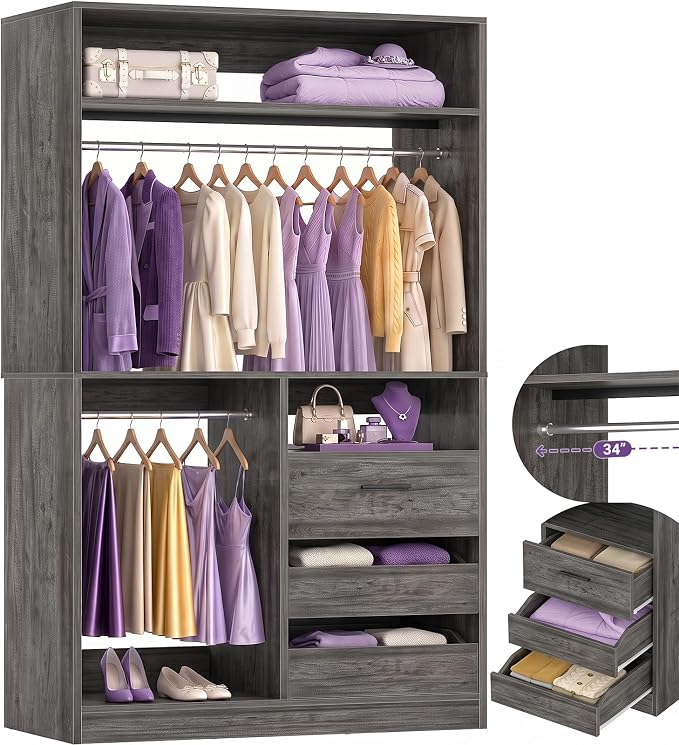 iSunirm 36'' Closet System with Long Hanging Rods, 3FT Modular Closet Organizer System with 4 Shelves, Wood Walk-in Closet with Closed & 2 Half-Open Drawers, 80" H Adjustable Garment Rack, Oak