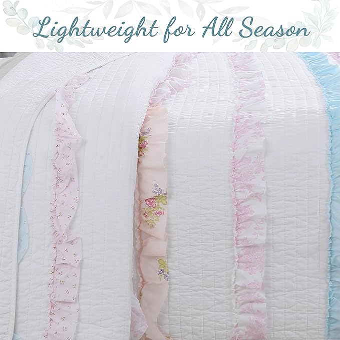 Cozy Line Home Fashions Light Pink Blue Coral White Ruffle 100% Cotton Reversible Girl Quilt Bedding Set, Reversible Coverlet Bedspread (Shabby Chic, Queen - 4 Piece)