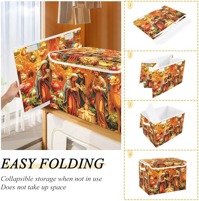 Nativity Scene Art Lidded Storage Bins with Handles - 16.5"x12.6"x11.8" Foldable Organizing Box, Oxford Fabric & Honeycomb Board, Dust-Proof Flip Lid for Closet/Office