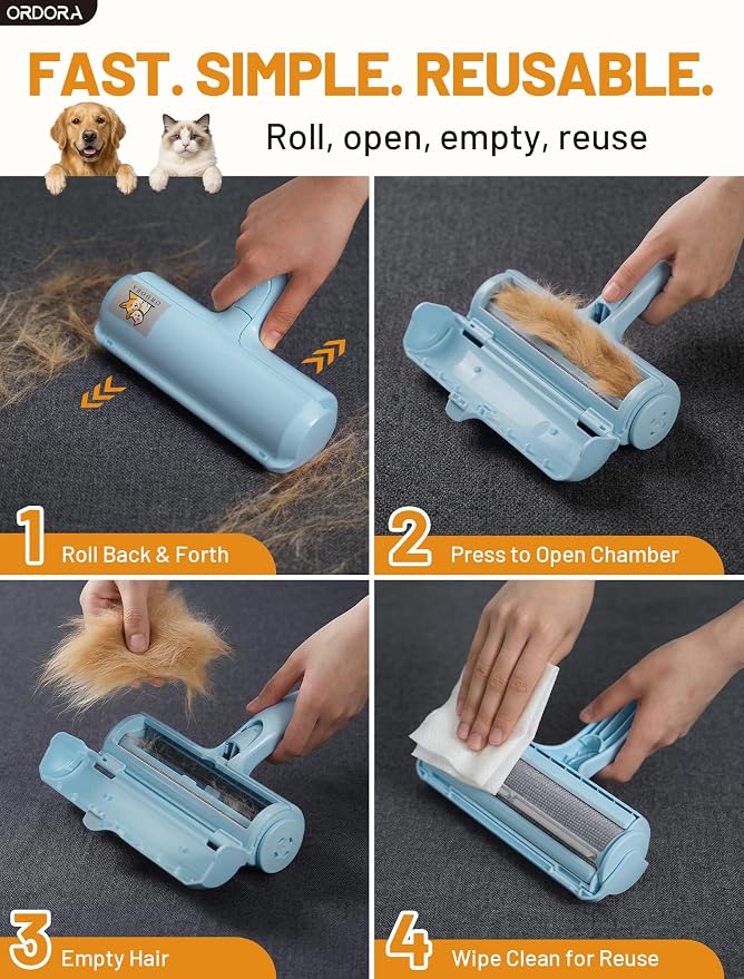ORDORA Pet Hair Remover Roller, Reusable Lint Roller for Dog and Cat Hair | Portable Pet Hair Roller with Large Fur Bin for Couches, Bedding, Car, Rugs & Furniture, No Refills or Batteries, Pet Homes