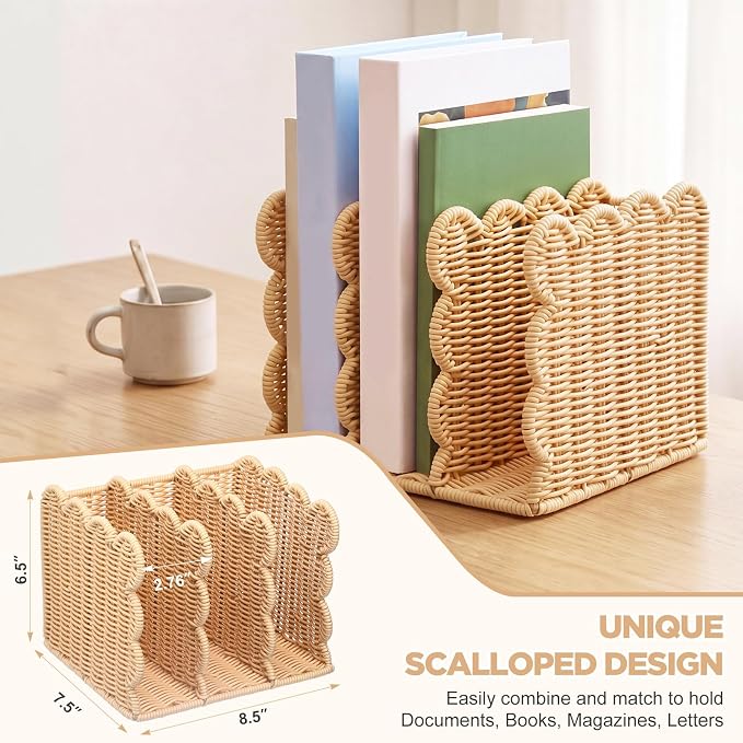 Suzile Scalloped Woven Magazine File Holder, 3-Compartment Imitation Rattan Desk Organizer Vertical Bookends Organization for Office, Binders, Documents, Tablets, Books(8.46 x 7.28 x 6.5 Inches)