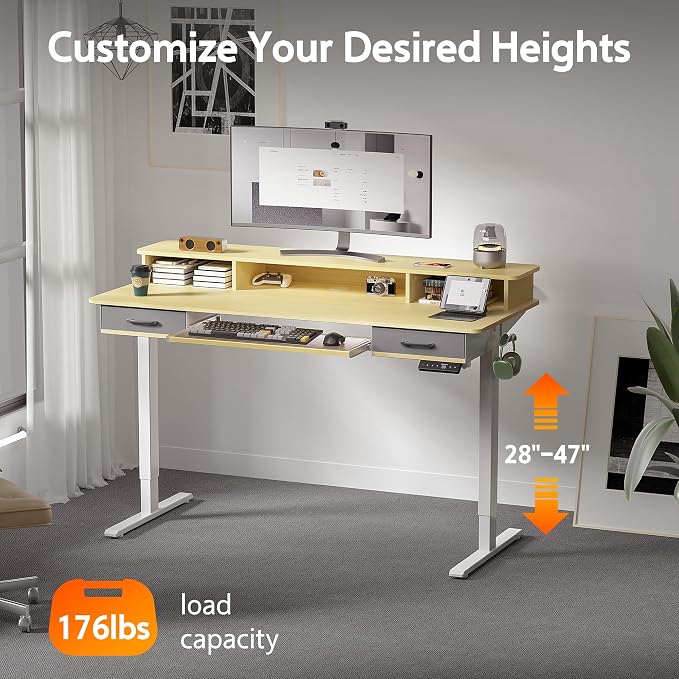WALKINGDESK 55 Inches Electric Standing Desk with Keyboard Tray, Height Adjustable Sit to Stand Table with 2 Drawers, Ergonomic Home Office Desk with Storage Shelf, Computer Table, Oak