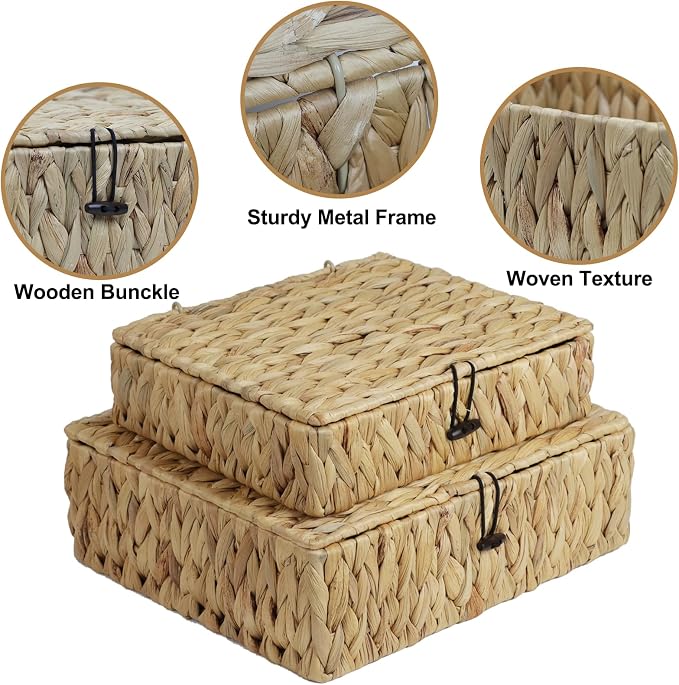 Wicker Basket with Lid, Set of 2 Decorative Storage Baskets Bins Boxes, Water Hyacinth Woven Basket for Storage, Flat Shelf Baskets for Organizing Home Decor