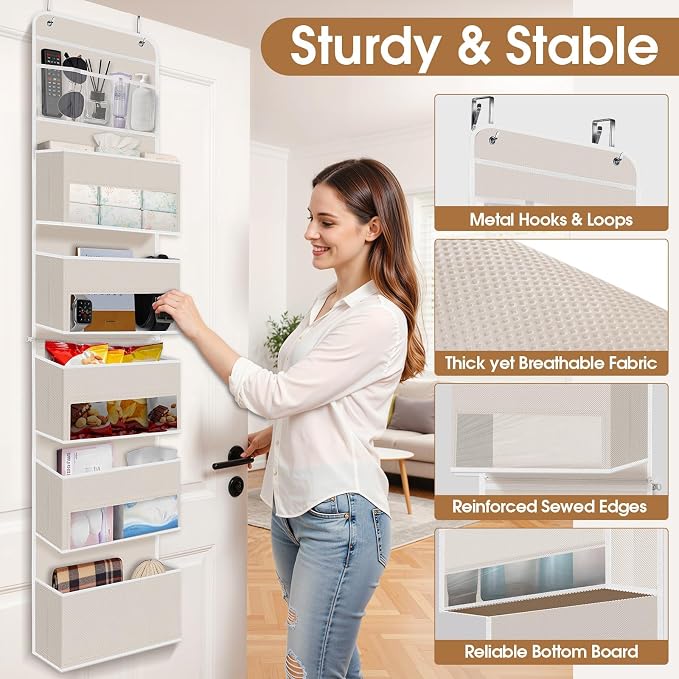 WISELIFE 6-Tier Over The Door Organizer Storage Detachable Design Door Hanging Storage Organizer with Clear Window Behind The Door Storage for Nursery Bedroom Bathroom Pantry Closet Beige