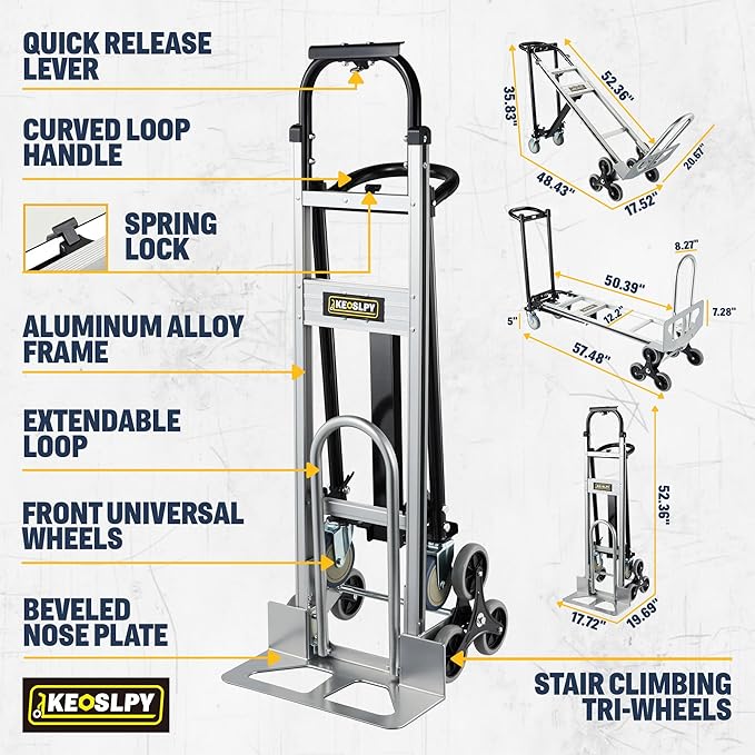CSHT-2243B 3 in 1 Industrial Convertible Aluminum Hand Truck Dolly Cart, 1000 LBS Capacity, Heavy Duty Stair Climbing Utility Trolley Platform Cart with Wheels for Transport & Moving