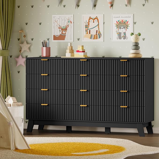 BORNOON 57" Wide Dresser for Bedroom, 12-Drawer Fluted Dresser with Metal Handles, Wood Chest of Drawers with Smooth Slides and Stable Base, Storage Cabinet for Living Room, Nursery, Timeless Noir