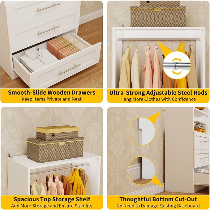 Closet System of 2 Sets with 6 Drawers, 4FT-10FT Modular Closet Organizer Systems Shelving, Wood Closet Systems for Walk in Closets with 4 Hanging Rods & 2 Shelves, Custom Closet System Kits, White
