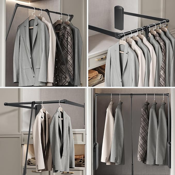 Pull Down Closet Rod, Adjustable 35''-47.6'' Wardrobe Lift Rail Organizer | Side Mounted Two-way Buffering Closet Poles for Hanging Clothes, Heavy Duty Pull Down Clothes Rack, 33 lbs Load Capacity