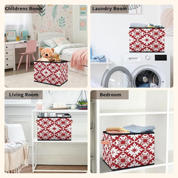Mexican Tile Closet Storage Bin, Foldable Storage Baskets for Shelves, Decorative Shelf Organizer Red Mexico Tile Fabric Cube Bin for Living Room Bedroom Home Dorm