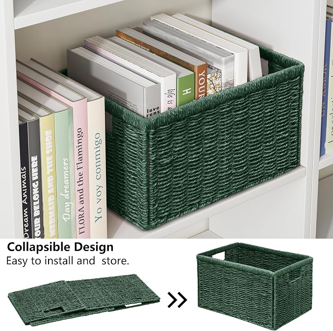 Vagusicc 2 Packs Large Wicker Storage Basket, Closet Storage Baskets Bins for Shelves, Decorative Collapsible Baskets for Organizing Clothes Toy Nursery Bathroom Organizers and Storage, Green