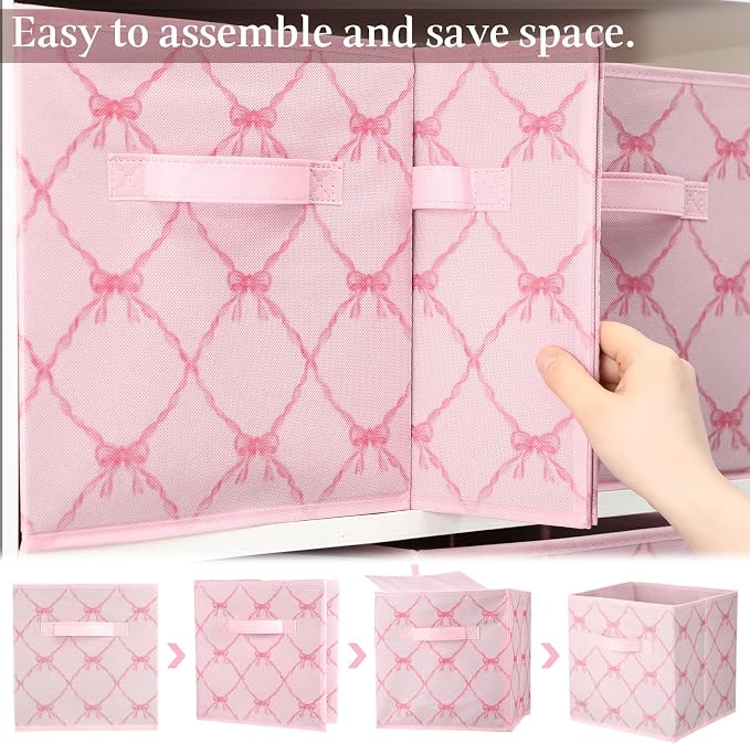 Geelin 6 Pcs Light Pink Bow Cube Storage Bins 11 Inch Storage Basket with Handle, Preppy Girls Organizer Basket, Collapsible Fabric Box for Classroom Bedrooms Office Home Decoration Gift