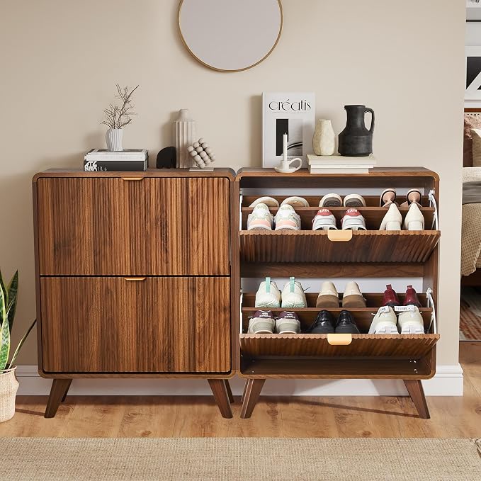 RARZOE Set of 2 Fluted Shoe Storage Cabinets for Entryway, Walnut | Narrow Curved Shoe Storage Cabinet with 2 Flip Drawers, Slim Shoe Rack Organizer for Foyer, Hallway, Fits Size 11 Shoes