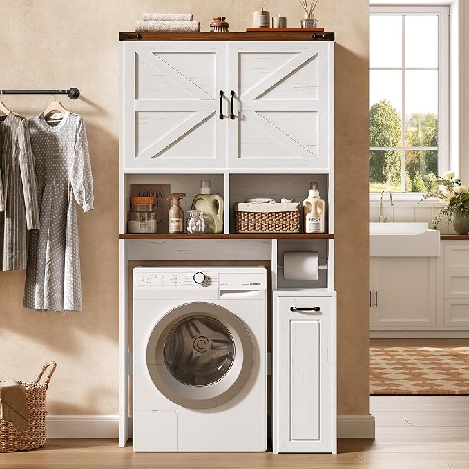 UPOSOJA Farmhouse Over The Toilet Storage Cabinet with Pulley Small Bathroom Storage Cabinet, Space Saver W/Adjustable Shelf & Open Shelf for Bathroom, Restroom, Laundry (White Brown-Type B)