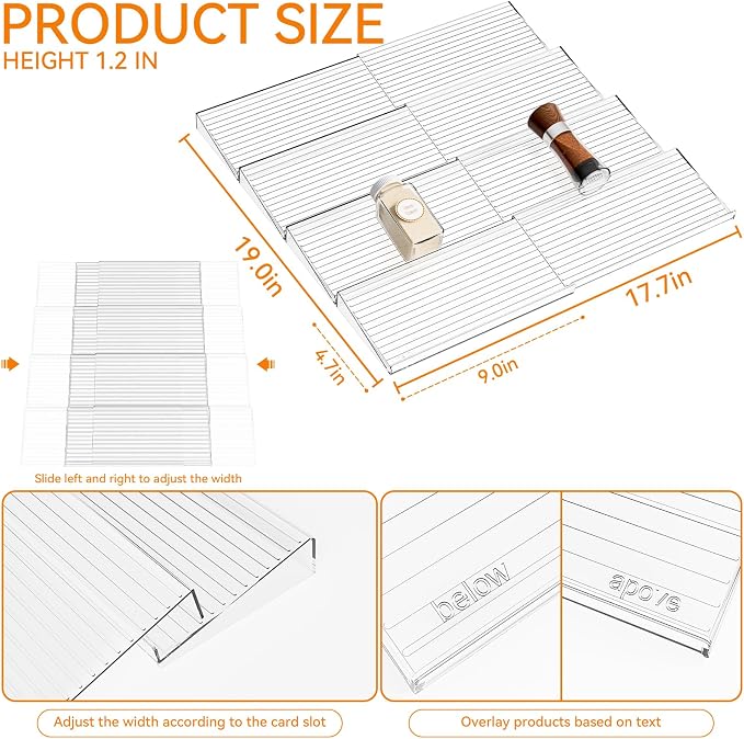 Yieach 8 Pack Adjustable Narrow Spice Rack for Drawer - Expandable From 9" to 17.7" - Acrylic Drawer Seasoning Organizer,Tiered Clear Spice Tray for Spices,Condiment,Nail Polish and Jar Organization