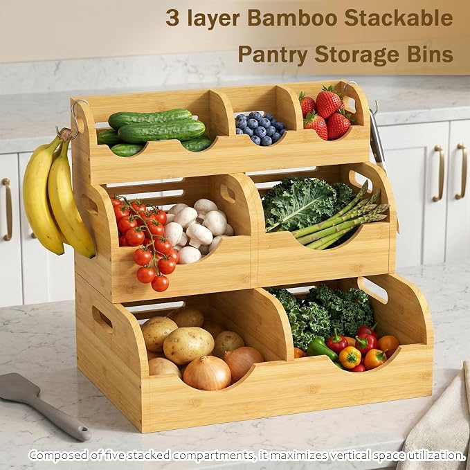 Upgraded 3 Tier Bamboo Pantry Storage Bins,Large potato storage | With 2 Banana Hangers,Stackable Potato and Onion Storage Bin with Airflow Vent,Vegetable Storage,for Kitchen Countertop