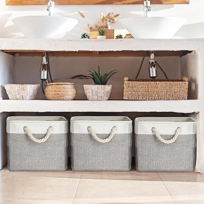 meekoo 8 Pack Collapsible Storage Bins Fabric Storage Bins Polyester Fabric Baskets with Handles Linen Closet Organizer for Shelf Home Closet Towels Toys(17 x 12 x 15 in,Gray White)