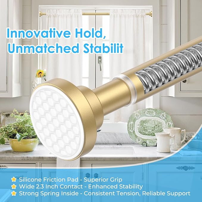 AIZESI Tension Curtain Rod 28 to 48 Inch, 1pcs Tension Rod 1 Inch Diameter Gold Small Shower Curtain Rod Adjustable Non-Drilling, Anti-Slip, Anti-Rust Spring Loaded Curtain Rods