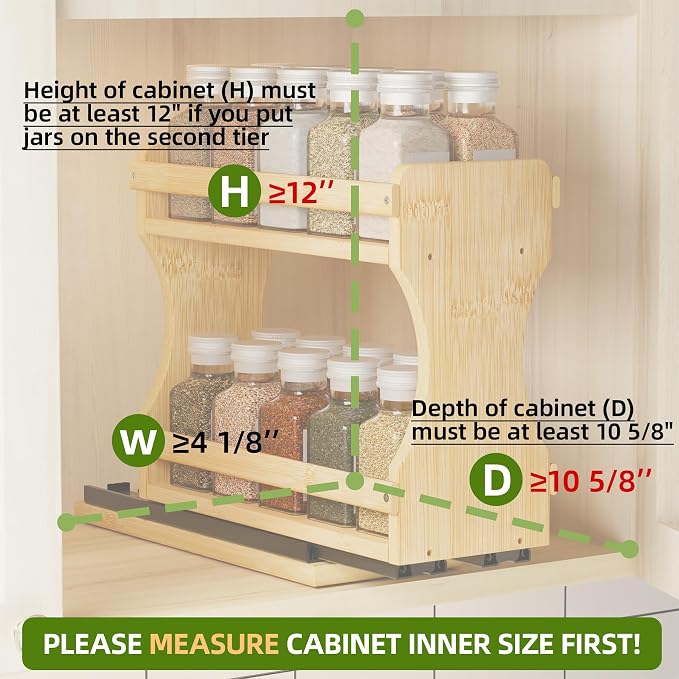 BAMEOS Pull Out Spice Rack Organizer for Cabinet, Bamboo Wide 4.2" Slide Out Seasoning Organizer for Kitchen, No Drill Anti-Tip Ball Bearing Silent Glides, Pantry Cabinet Organizer,Natural
