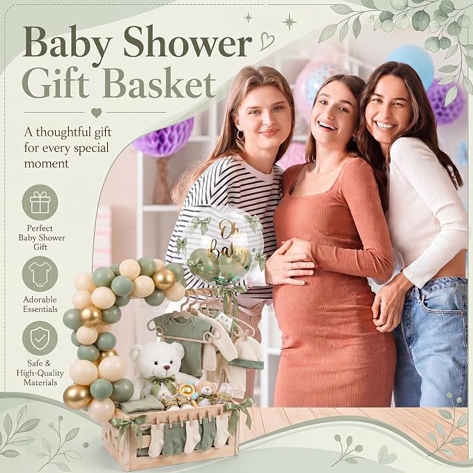 Wooden Baby Shower Crate Closet with Hanger Rack, Green Bow Baby Gifts Basket with Balloon Accessories, DIY Babies Welcome Box for Pregnancy New Parent