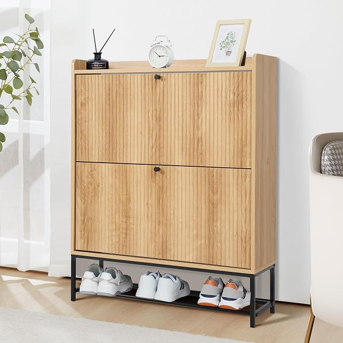 RARZOE Fluted Shoe Cabinet for Entryway with 2 Flip Drawers, Narrow Wood Shoe Cabinet with Fluted Panel, Slim Hidden Shoe Organizer Closed Shoe Rack with Metal Legs for Foyer,Hallway(31.5''Natural)