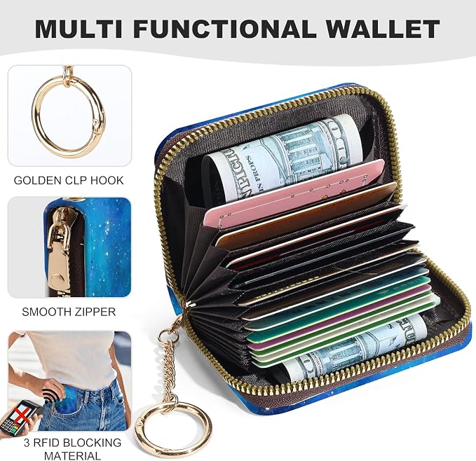 Credit Card Holder for Women,Small Rfid Wallet with Keychain Zipper,Cute PU Leather Card Case Wallet，Accordion Credit Card Wallets Gift,Blue Starry Sky C