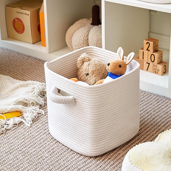 RUNKA Storage Cube Baskets - 3 Pack - 11 inch Square Baskets for Closet, Woven Bins - Ideal for Toy Storage | White