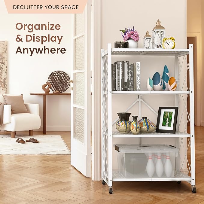 Our Modern Space 4-Tier Foldable Storage Shelf with Wheels | Metal Rack Collapsible Shelving Display | Rolling Cart for Books Kitchen Storage Shelves | Pantry & Closet Organizer | Office Room Decor