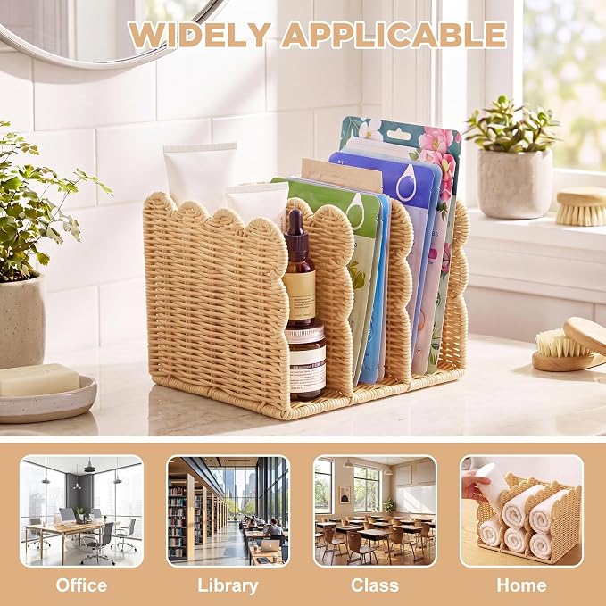 Suzile Scalloped Woven Magazine File Holder, 3-Compartment Imitation Rattan Desk Organizer Vertical Bookends Organization for Office, Binders, Documents, Tablets, Books(8.46 x 7.28 x 6.5 Inches)