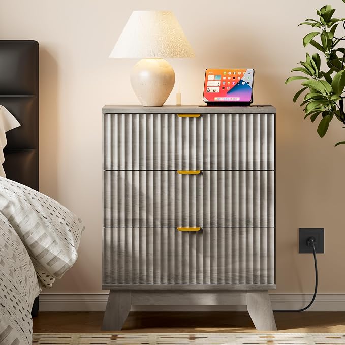 BORNOON 30.5" Nightstand with Charging Station, 3-Drawer Fluted Bedroom Chest, Wood Bedside Dresser with Power Outlets and USB Ports, Metal Slides, Stable Base, Modern Storage Cabinet for Small Spaces