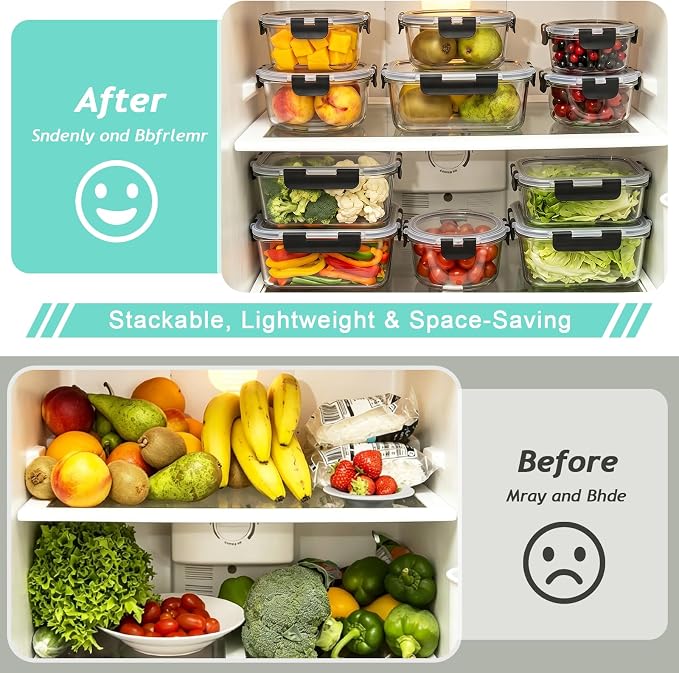 12 Pack Glass Meal Prep Containers with Lids, Glass Food Storage Containers with Snap Locking Lids, Airtight Lunch Containers for Microwave, Oven, Freezer and Dishwasher BPA Free (BLack)