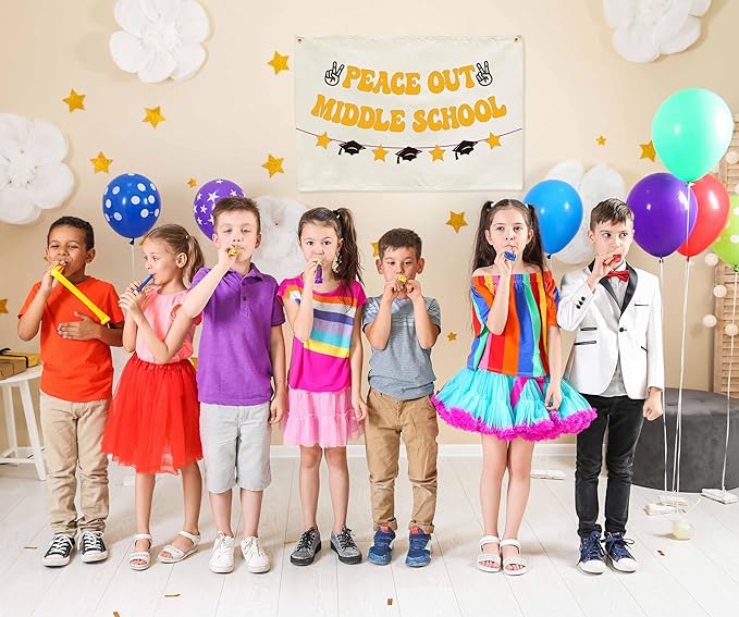 Peace Out Middle School Graduation Banner, Beige Cotton Canvas Classroom Wall Hanging Sign for Last Day of School Party Decor, 8th Grade Promotion Photo Booth Backdrop, Teacher Gift 28.5x20 Inch