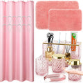 Pink Bathroom Accessories Set - 20PCS Glass Bathroom Set with Shower Curtain and Rugs, Soap Dispenser, Soap Dish, Cup, Qtip Jar, Toothbrush Holder, Stylish & Functional Bath Decor for Home, Apartment