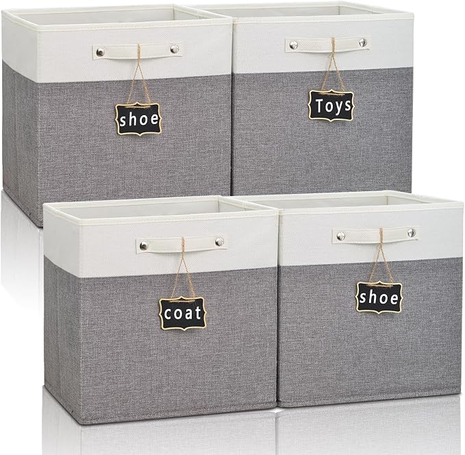 12x12 storage cube bins 4 Pack,Collapsible Fabric Storage Cubes with Labels,Linen Cube Storage Organizer Bins with Cotton Handles,Square Storage Cubes for Home,Office,Clothes,Cabinet (White Grey).